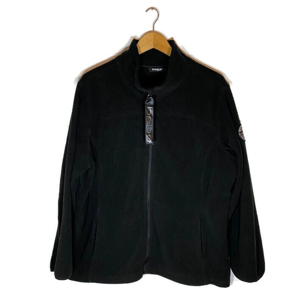 Bebe Sport Women's 1X Plus Fleece Jacket Black Warm Full Zip Mock Neck Pockets